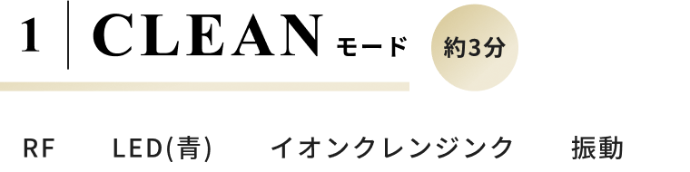 1 CLEANモード 約3分 RF, LED(青), イオンクレンジング, 振動
