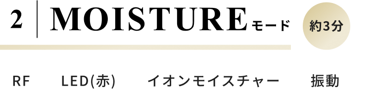 2 MOISTUREモード 約3分 RF, LED(赤), イオンモイスチャー, 振動